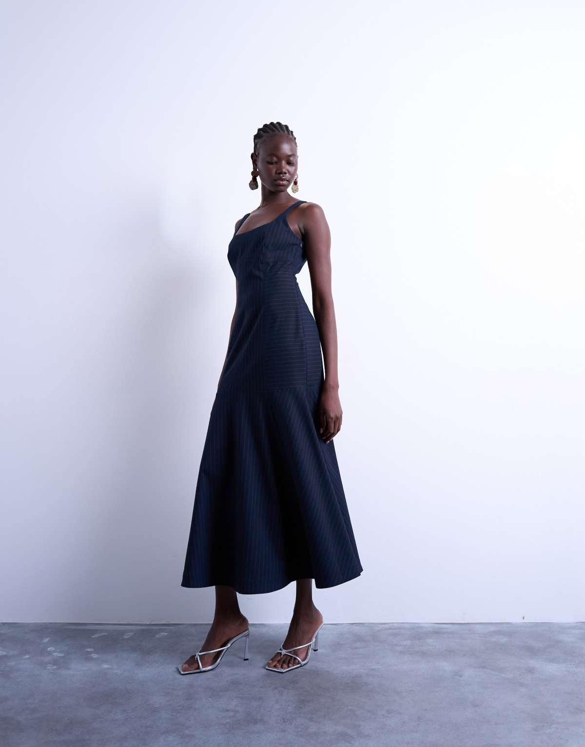 Topshop bust detail dropped hem midi dress in navy and red pinstripe