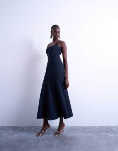 Bust detail dropped hem midi dress in navy and red pinstripe