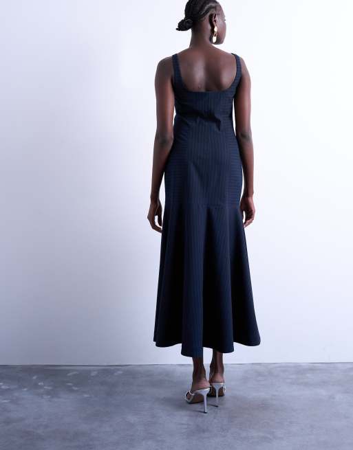 Topshop bust detail dropped hem midi dress in navy and red pinstripe | ASOS