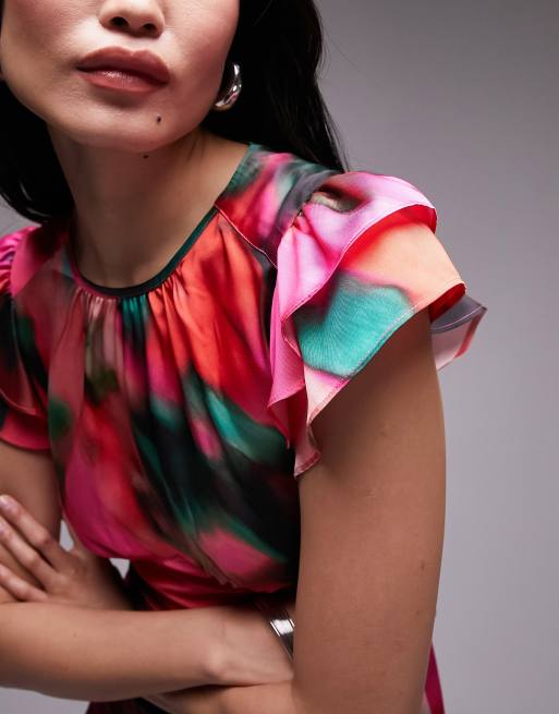 topshop pink floral midi dress Topshop bust seam detail midi dress in pink blurred floral