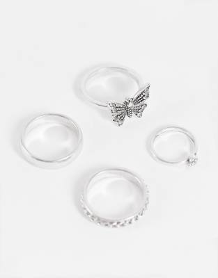 Topshop butterfly 4 x multipack rings in silver - ASOS Price Checker
