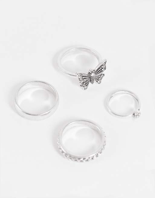 Topshop butterfly 4 x multipack rings in silver