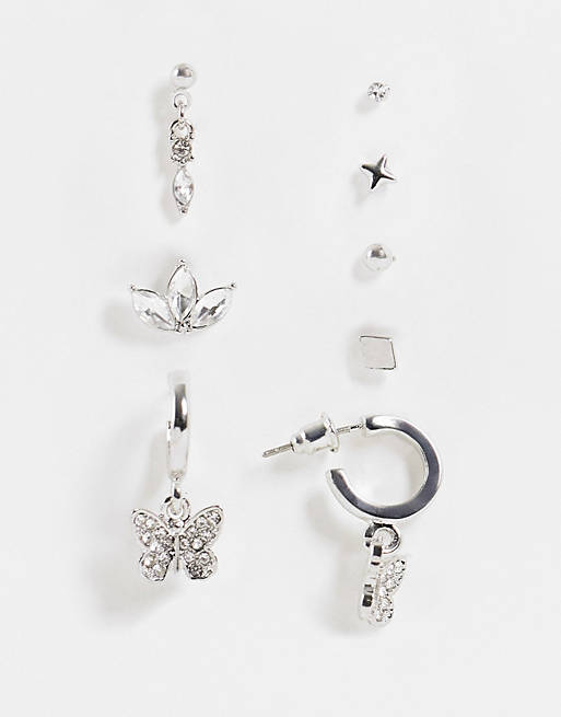 Topshop butterfly and crystal 8 x multipack earrings in silver