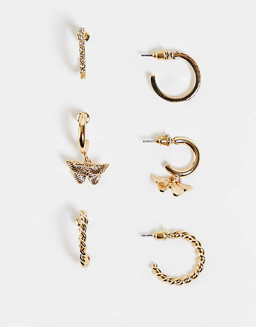 Topshop butterfly and pave mix 3 x multipack hoop earrings in gold