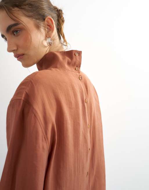 Topshop button back funnel neck shirt in rust, 3 of 4
