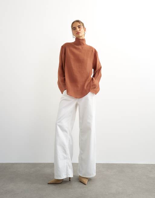 Topshop button back funnel neck shirt in rust, 4 of 4