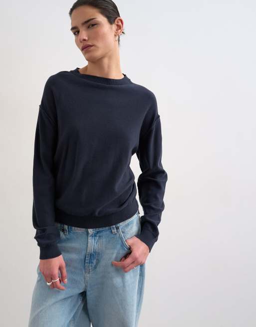 Topshop button back knit sweater in navy, 3 of 4