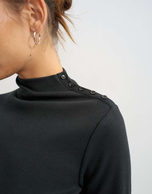 Topshop button detail funnel neck long sleeve top in black, 3 of 4