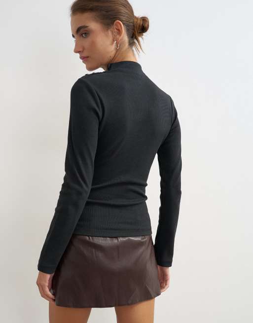 Topshop button detail funnel neck long sleeve top in black, 4 of 4