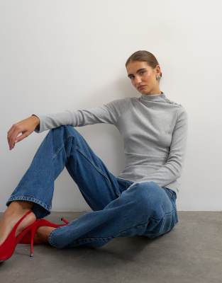 Topshop button detail funnel neck long sleeve top in gray heather | ASOS