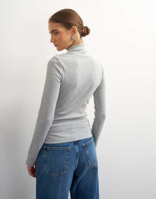 Topshop button detail funnel neck long sleeve top in gray heather, 3 of 4