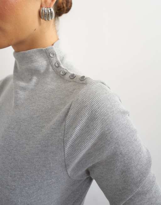 Topshop button detail funnel neck long sleeve top in gray heather, 4 of 4