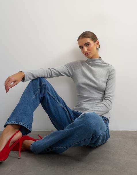 Topshop button detail funnel neck long sleeve top in grey marl - view 1