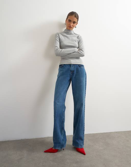 Topshop button detail funnel neck long sleeve top in grey marl, 2 of 4