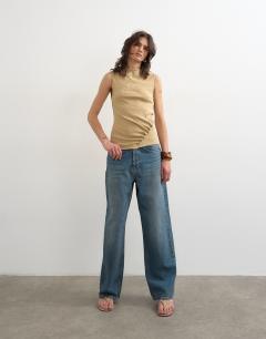 Model wearing Button detail slash neck ribbed top in oat
