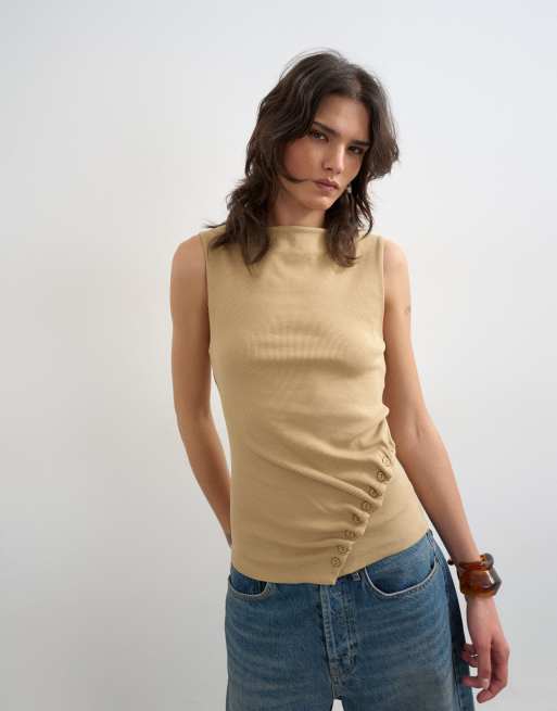 Topshop button detail slash neck ribbed top in oat, 2 of 4
