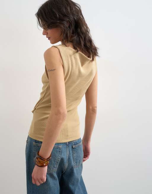 Topshop button detail slash neck ribbed top in oat, 4 of 4