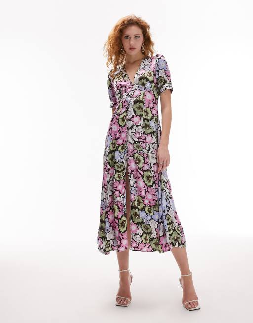 Topshop button down floral printed midi dress in multi