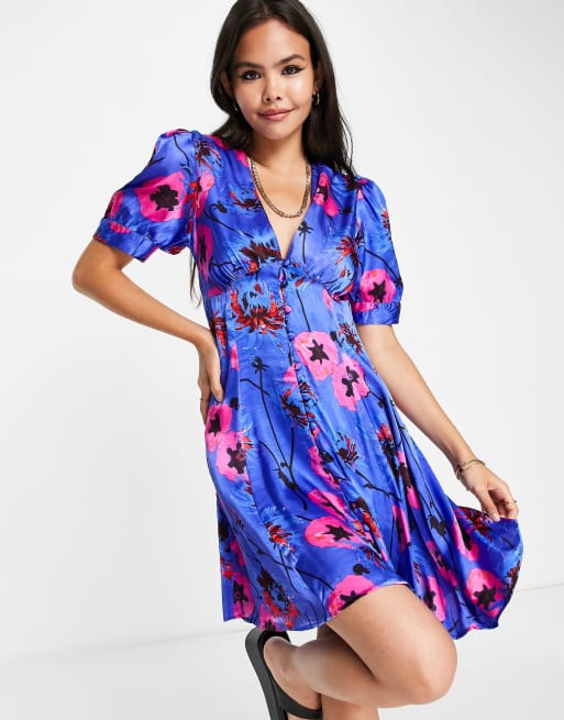 Topshop button down floral v neck mini tea dress in blue | ASOS