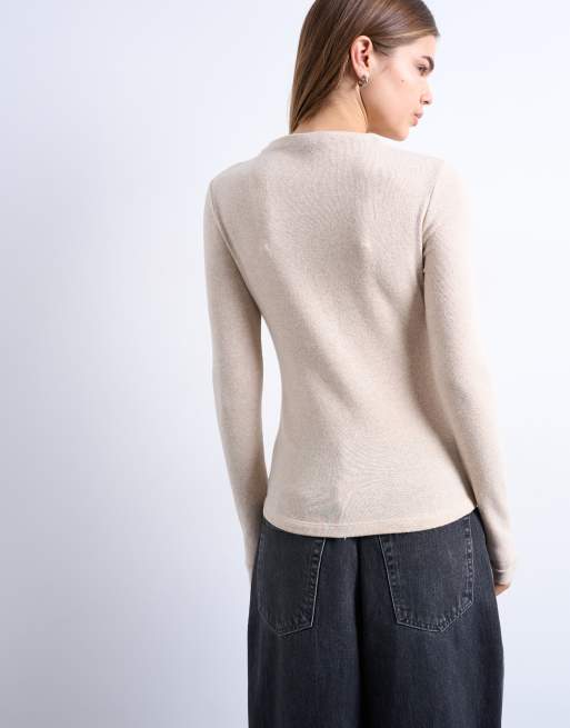 Topshop button down long sleeve cardigan top in beige, 4 of 4