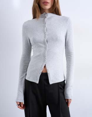 Topshop Button Down Long Sleeve Cardigan Top In Gray