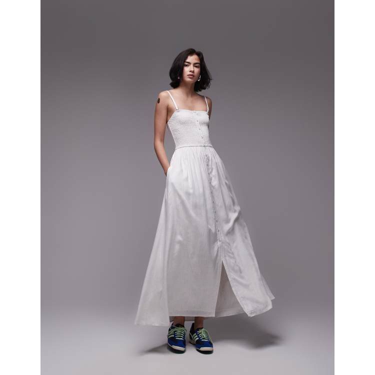 white button front midi dress Dariana Sleeveless Waist Tie Button Front Midi Dress White SMALL