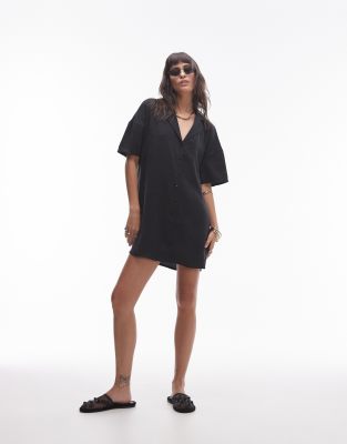 Topshop Button Down Mini Shirt Dress In Black-gray