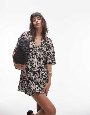 Topshop Button Down Mini Shirt Dress In Mono Print-multi