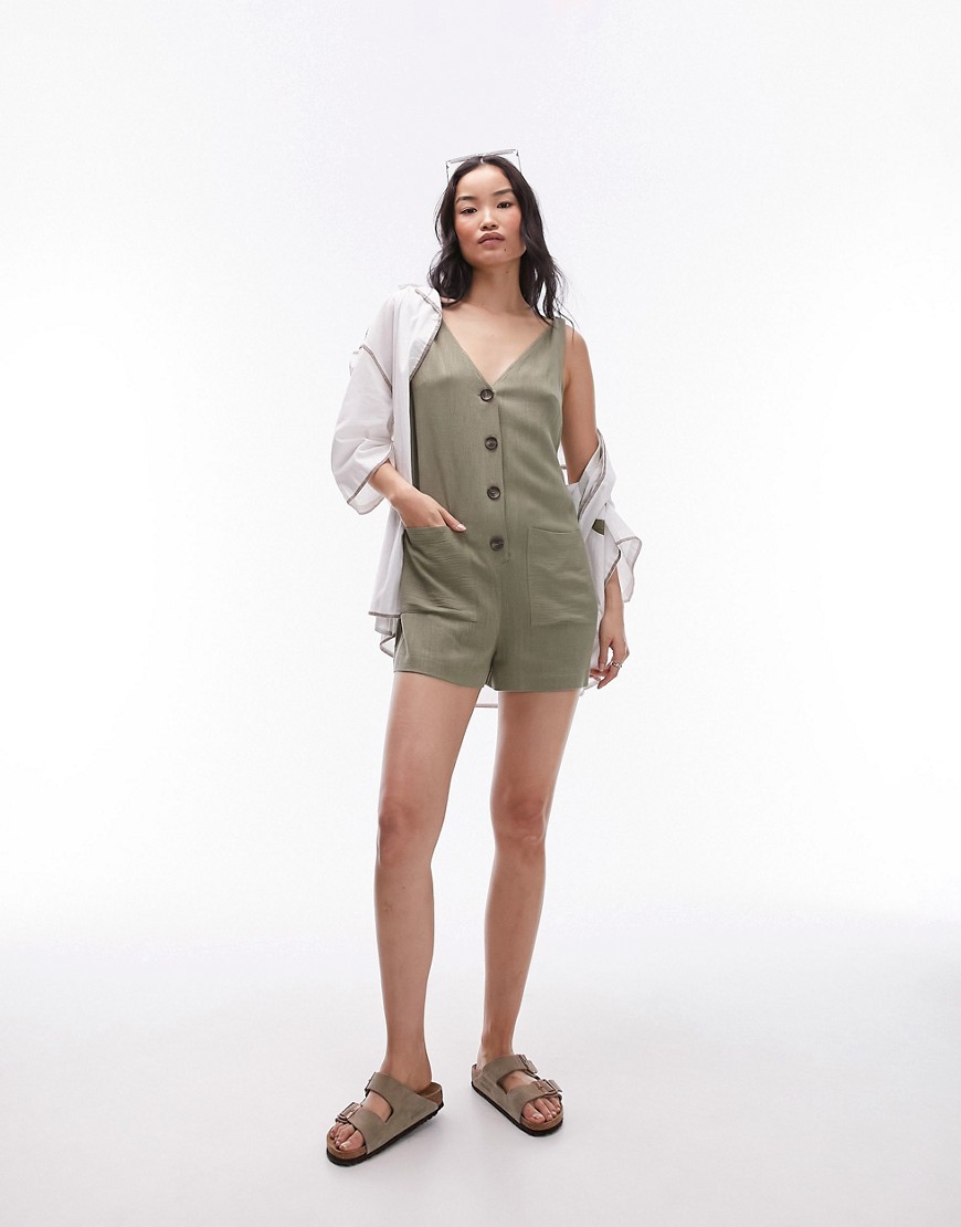 Topshop button down playsuit in khaki-Green
