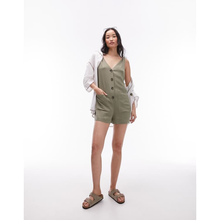 Topshop button down playsuit in khaki ASOS