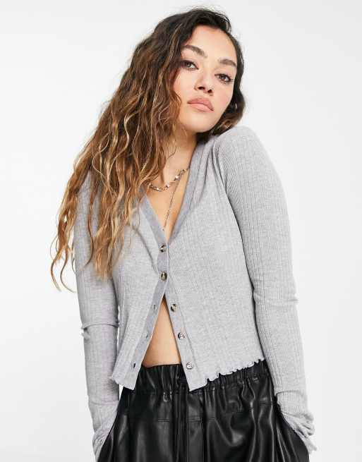 Ribbed Button Through Cardigan in Grey Marle