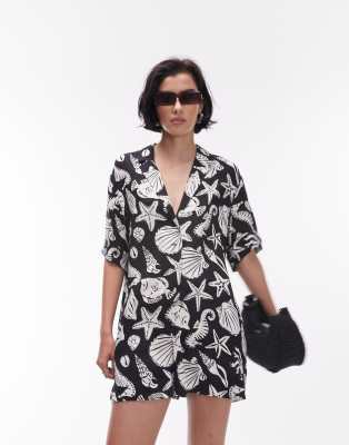 button down romper in mono shell print-Multi