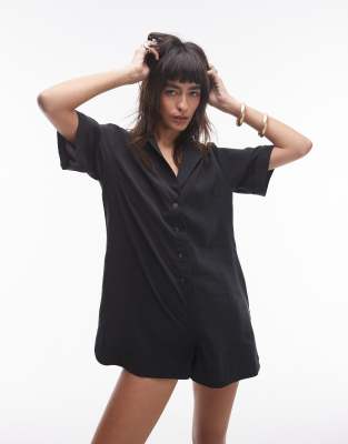 Topshop Button Down Souvenior Romper In Black Cupro