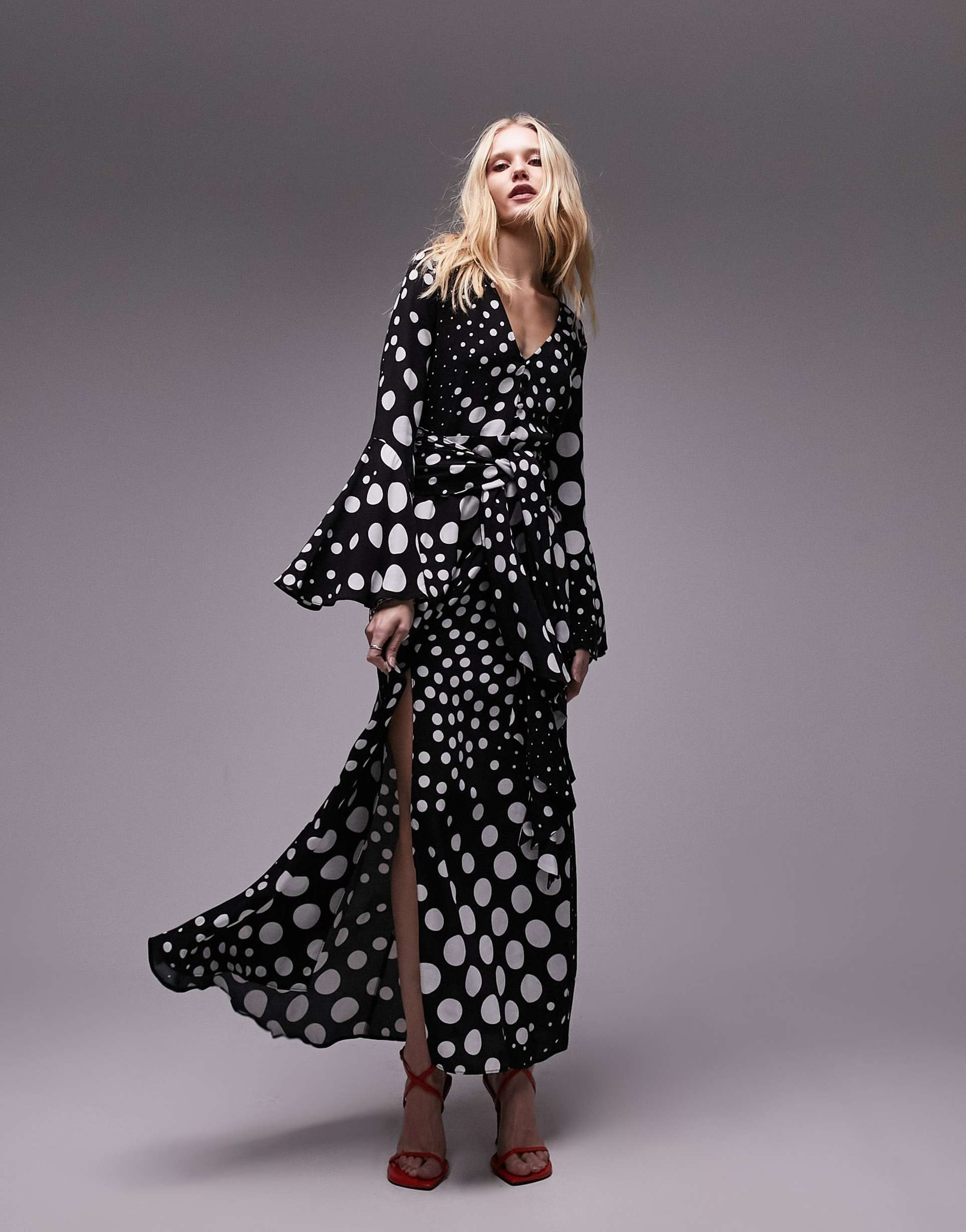 topshop button down v-neck tie front midi dress in polka dot print