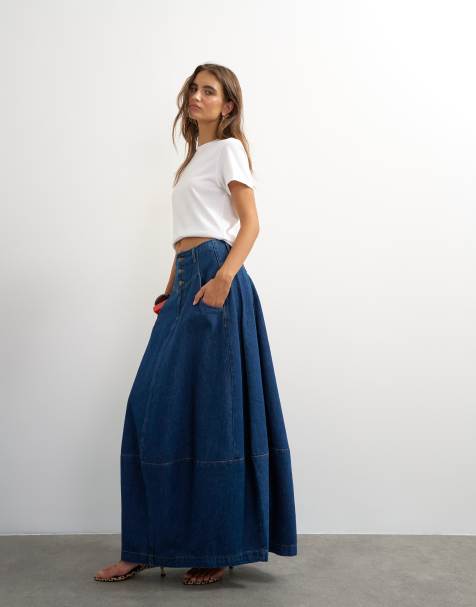 Topshop button front barrel maxi skirt in indigo - view 1