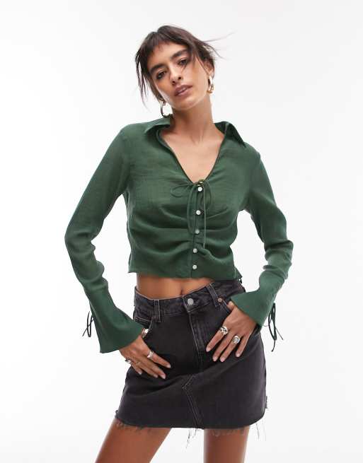 Topshop button front blouse in bottle green 