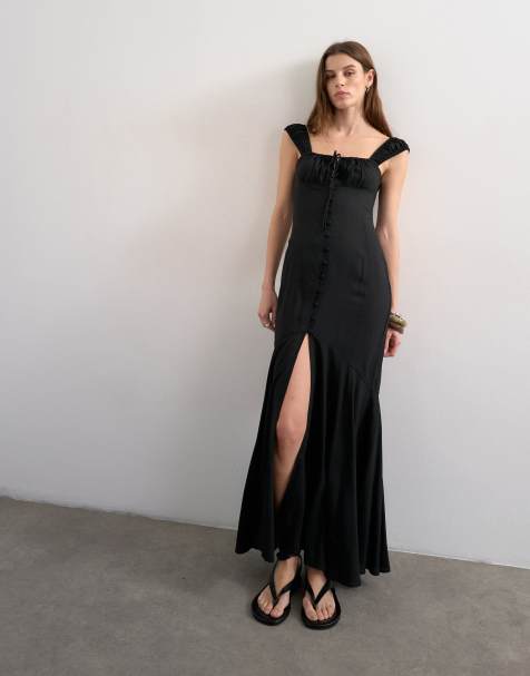 Topshop button front cap sleeve maxi sundress in black - view 1