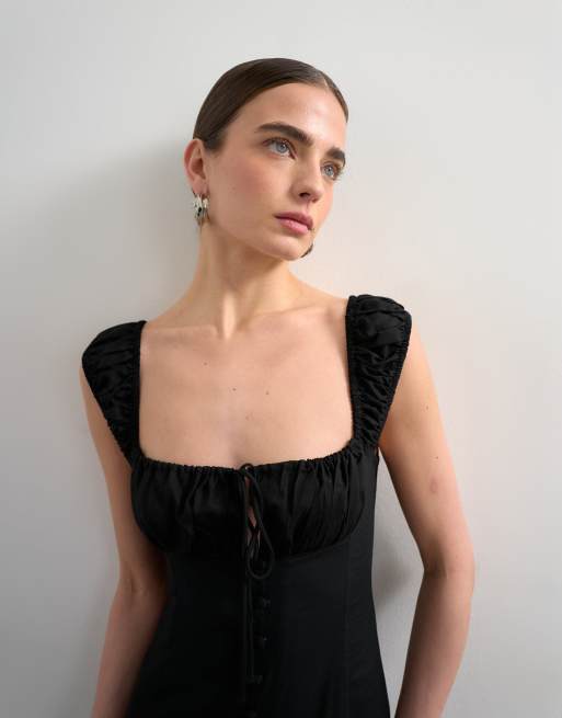 Topshop button front cap sleeve maxi sundress in black, 2 of 4
