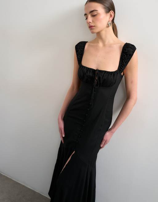 Topshop button front cap sleeve maxi sundress in black, 3 of 4
