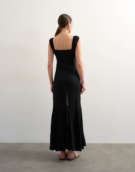 Topshop button front cap sleeve maxi sundress in black, 4 of 4