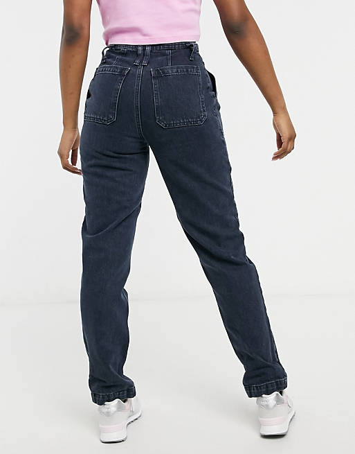 Women Topshop button front Mom jeans in blue black 