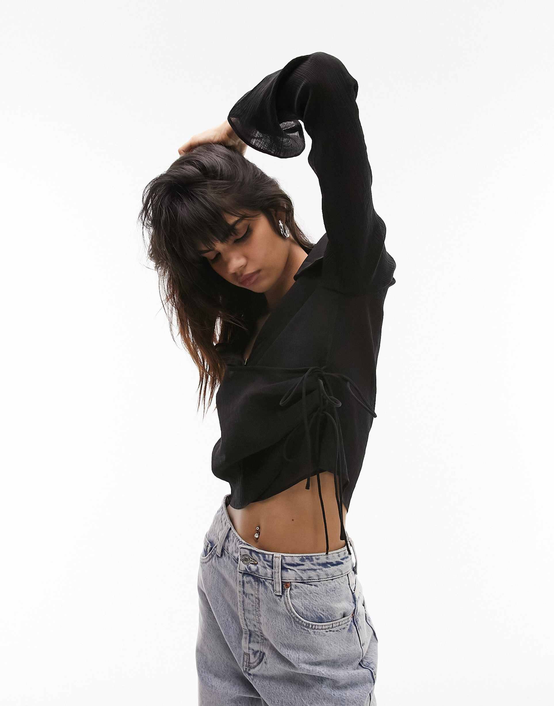 topshop button front wrap top in black