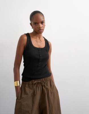 Topshop button placket rib knit tank top in black