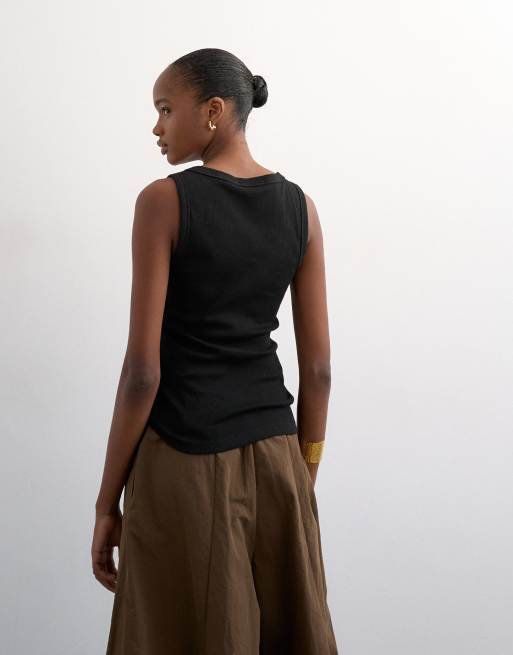 Topshop button placket rib knit tank top in black, 4 of 4