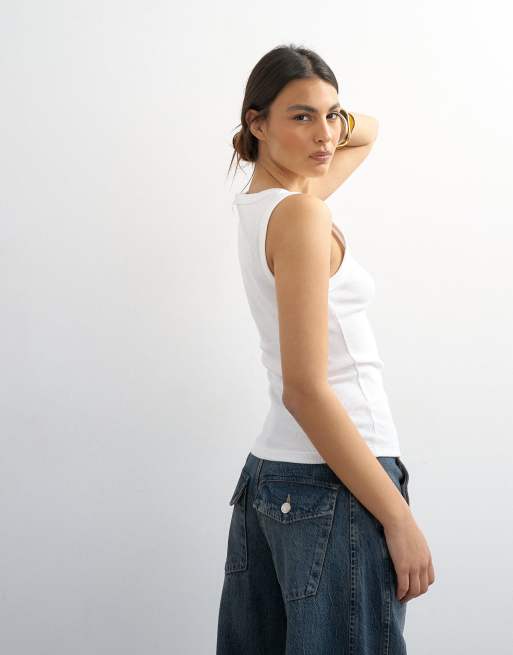 Topshop button ribbed tank top in white, 3 of 4