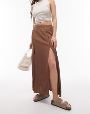 Topshop Button Split Midi Skirt In Chocolate-brown