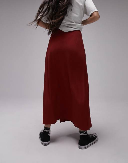 Topshop button split midi skirt in dark red