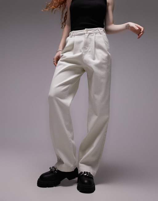 Topshop button tab detail straight leg pants in ecru