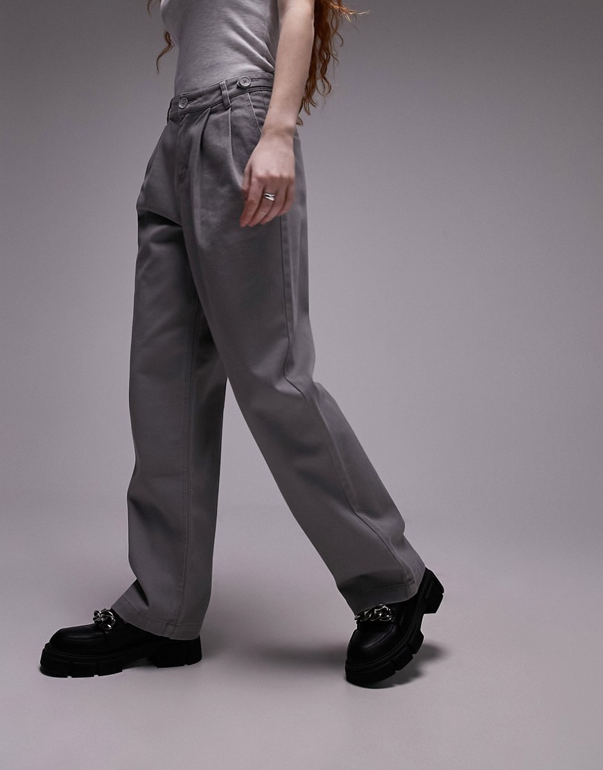 Shop Topshop Button Tab Detail Straight Leg Pants In Gray