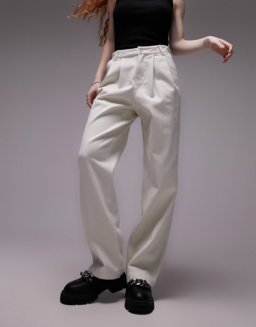 Topshop button tab detail straight leg trouser in ecru-White